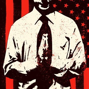 Black and white portrait of a man in a suit against a red and black background.