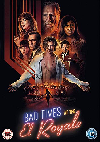 Bad Times At El Royale" DVD cover with cast and neon sign.
