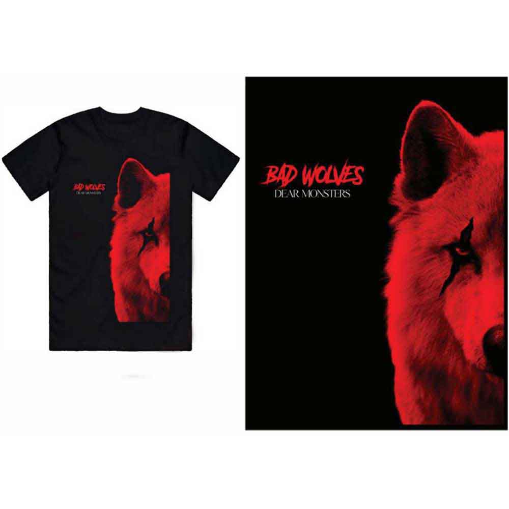 Man wearing a black Bad Wolves band t-shirt with a wolf graphic.