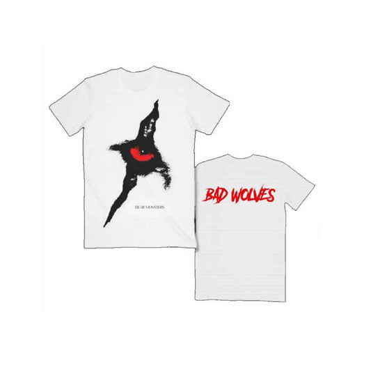 White t-shirt with black and red Bad Wolves "Dear Monsters" graphic.