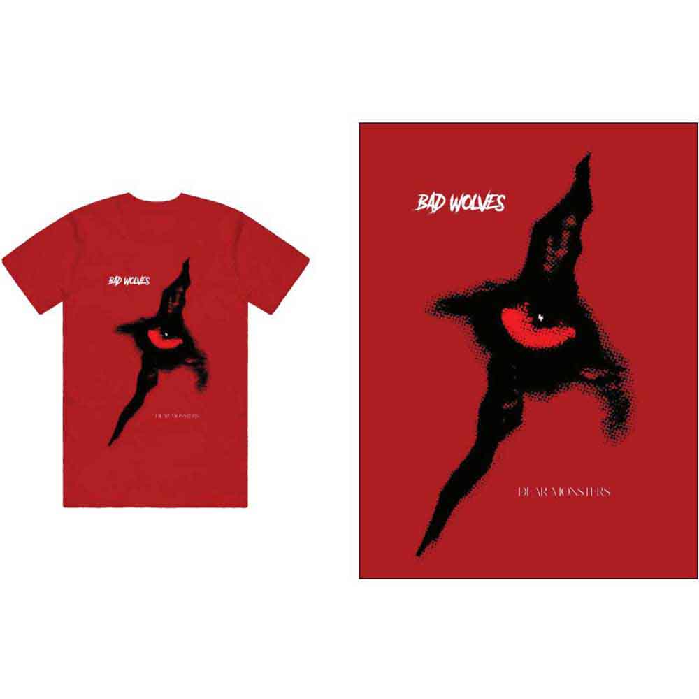 Red t-shirt with black "Bad Wolves" band logo featuring an eye.