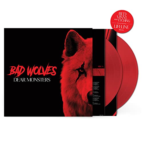 Bad Wolves Dear Monsters vinyl album cover with a red wolf and red vinyl disc.
