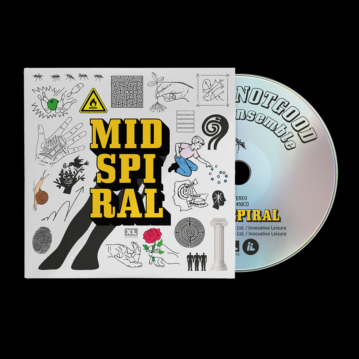 Badbadnotgood “Mid Spiral” CD cover with abstract illustrations and text.