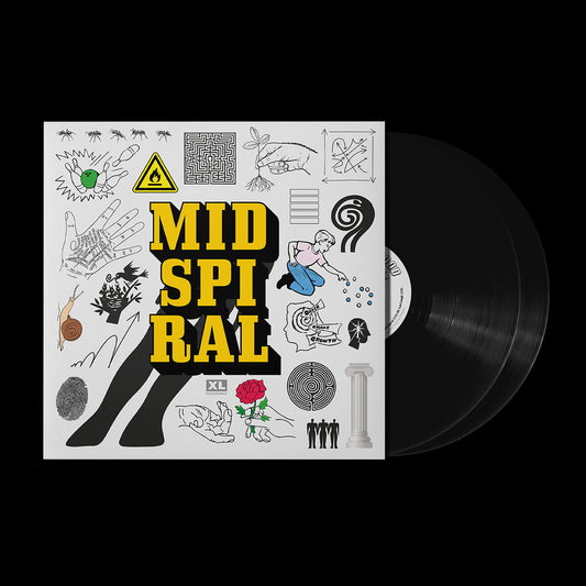 Vinyl record cover with white background, yellow text, and various black and white illustrations.