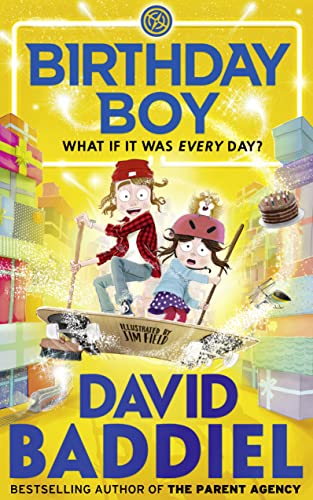 Book cover: "Birthday Boy" depicts two children on a gift-box sled.