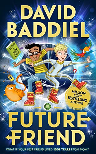 Book cover featuring two boys and a ginger cat against a cosmic background.