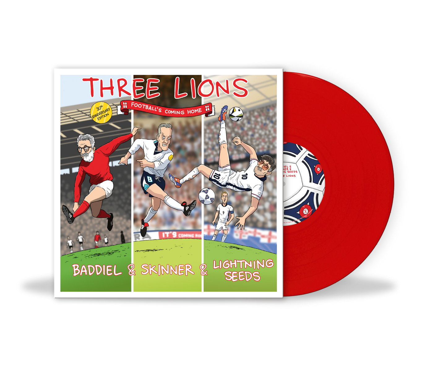 Three Lions 30th anniversary vinyl record with illustrated cover and bright red vinyl disc.
