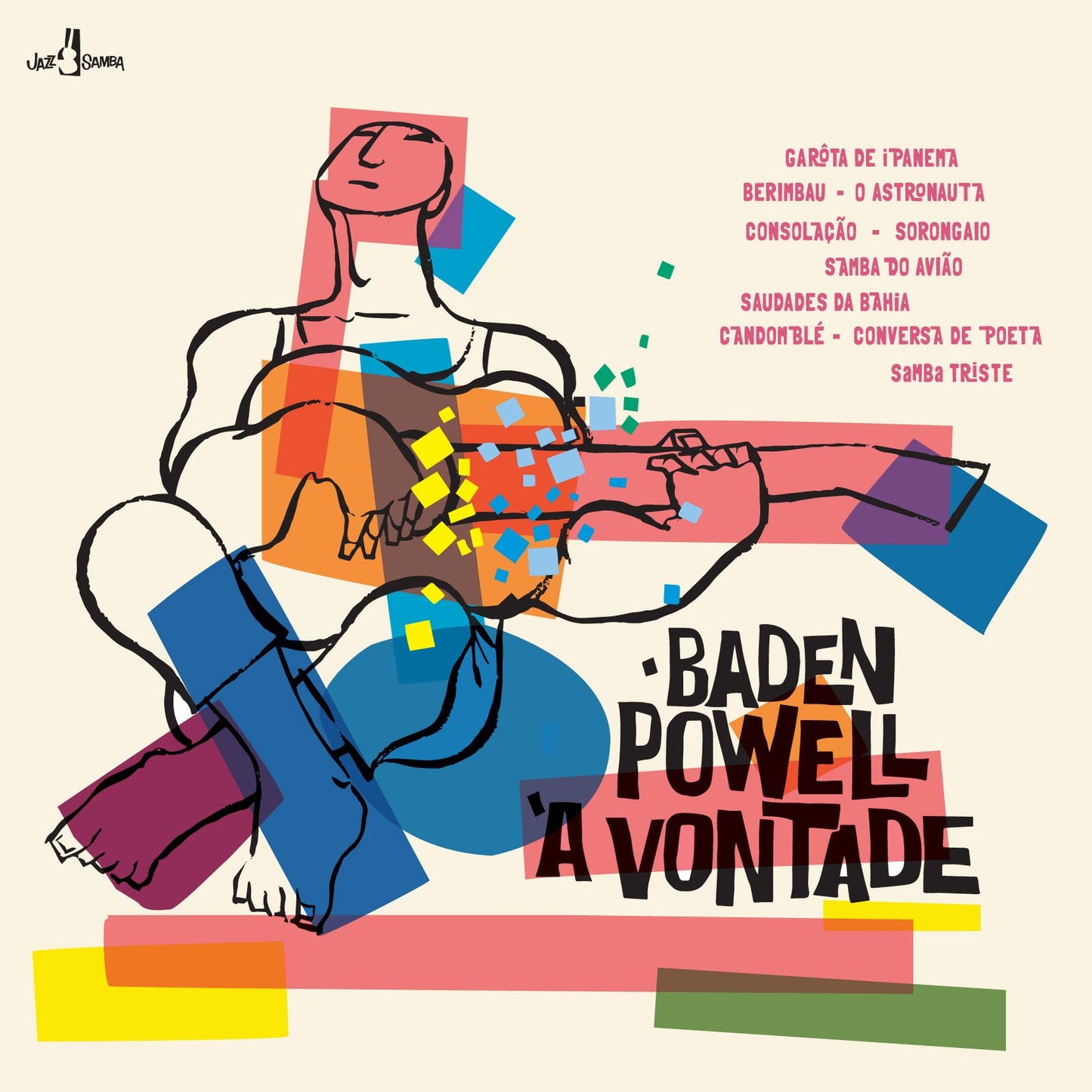 Vinyl album cover: abstract illustration of a person with guitar, bold text.