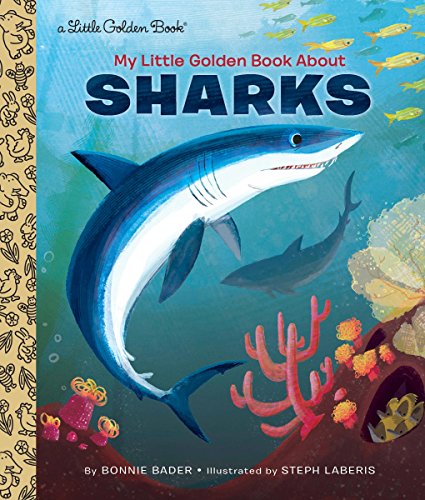 Children’s book cover featuring a large, blue shark swimming underwater.