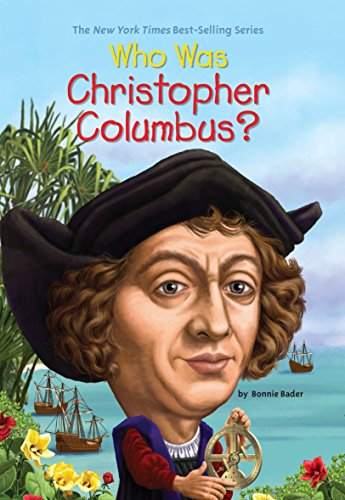 Book cover: illustrated portrait of Christopher Columbus with ships at sea.