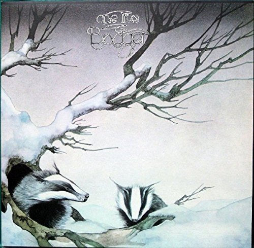 Two badgers in a snowy landscape with bare trees, album cover art.