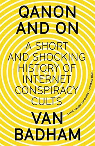 Book cover with swirling yellow design and bold black text: "QAnon and On.