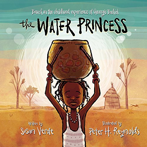 Girl carrying a large water pot on her head, illustrated book cover.