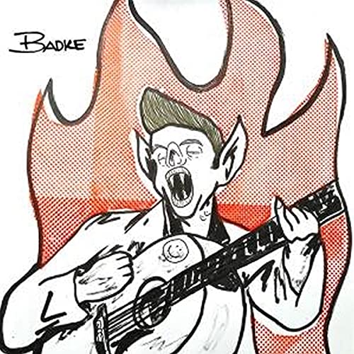 Red halftone illustration of a screaming vampire playing guitar.