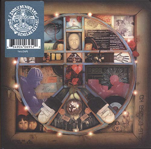 Album cover featuring a peace sign shaped shelf filled with various photos and objects.