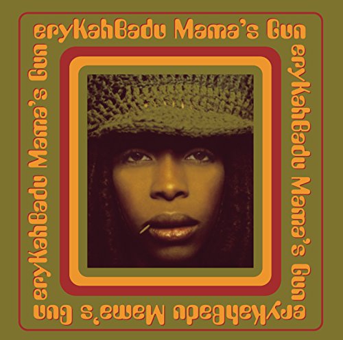 Erykah Badu’s “Mama’s Gun” CD cover: portrait with green and orange frame.