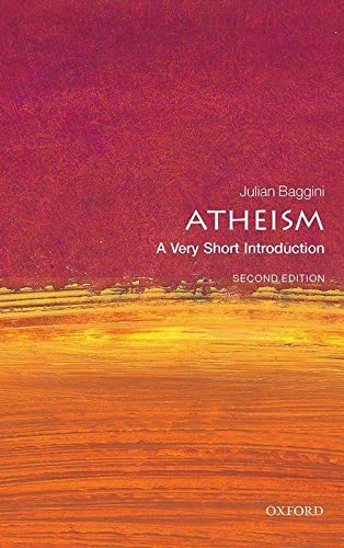 Book cover: "Atheism: A Very Short Introduction" with red and gold abstract design.