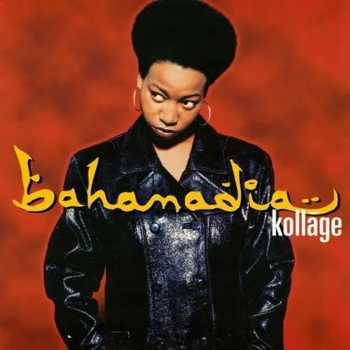 Bahamadia album cover, portrait of a Black woman with afro, red background.