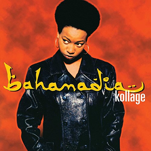 Bahamadia wearing a black leather jacket against a textured orange background on album cover.