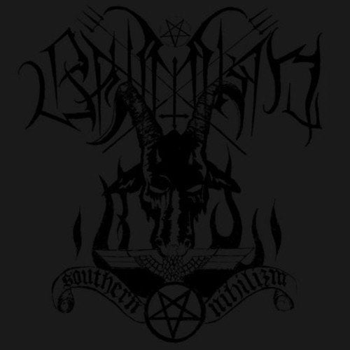 Black and white album cover featuring a goat skull, pentagram, and band logo.