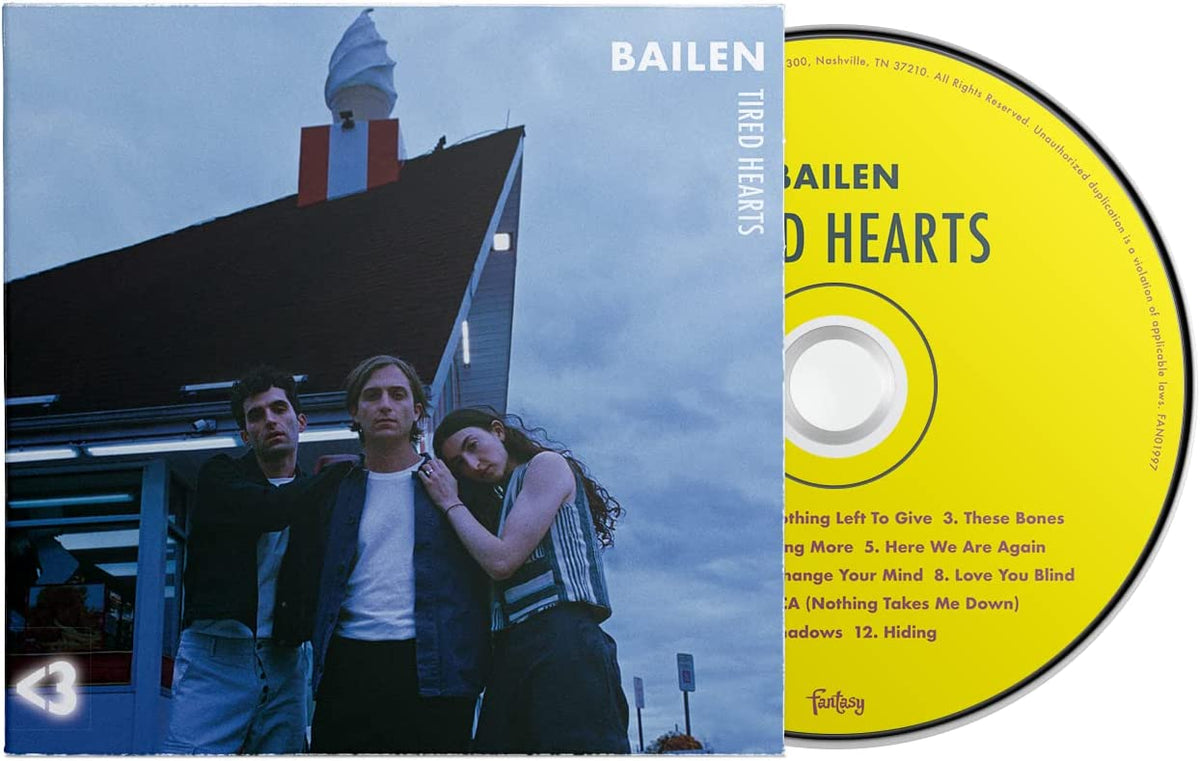 Bailen - Tired Hearts" CD case and disc with three people pictured.