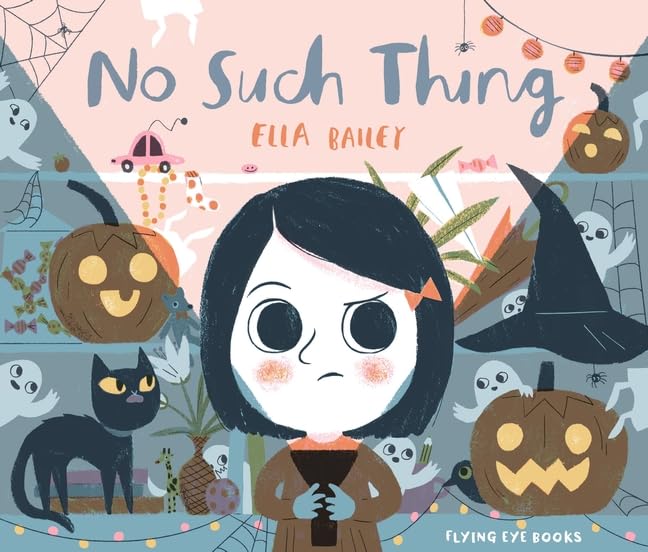Girl with Halloween decorations: pumpkins, ghosts, a cat, and a bat.