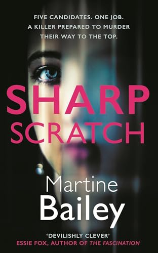 Book cover: "Sharp Scratch" with a close-up of a woman’s eye and pink text.