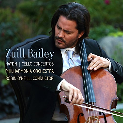 Cellist Zuill Bailey playing, album cover for Haydn’s Cello Concertos.