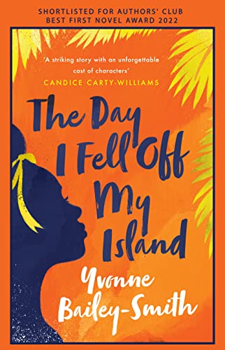 Book cover with a silhouette of a girl against an orange background and palms.