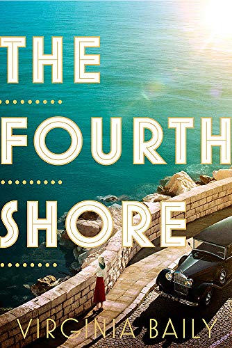 Book cover: woman by car overlooking turquoise ocean, titled "The Fourth Shore".