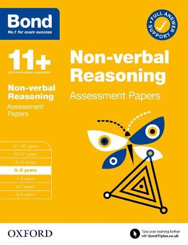 Bond 11+ Non-verbal Reasoning assessment papers book cover for 8-9 years on yellow background.