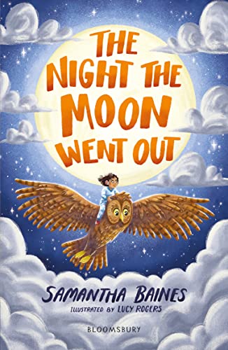 A girl rides a large owl against a night sky with a full moon.