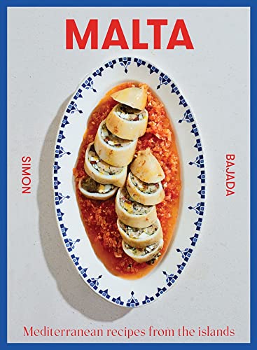 Cookbook cover featuring a platter of stuffed squid in tomato sauce on a table.
