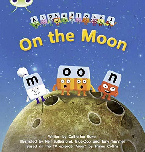 Book cover featuring Alphablocks characters on a grey, cratered moon.
