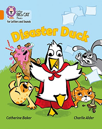 Book cover: a white duck in a red cape surrounded by messy animals.