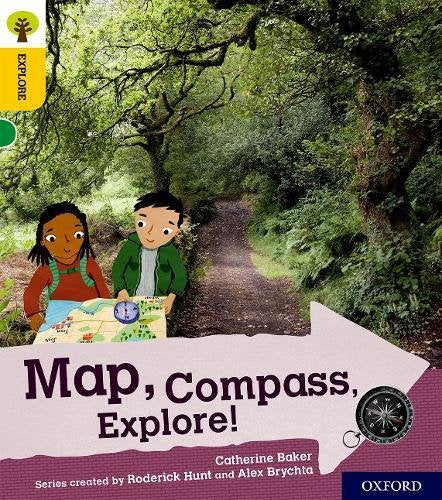 Book cover with children holding a map and compass in a forest.