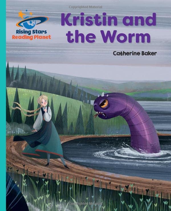 Book cover: girl facing a large purple worm near water.