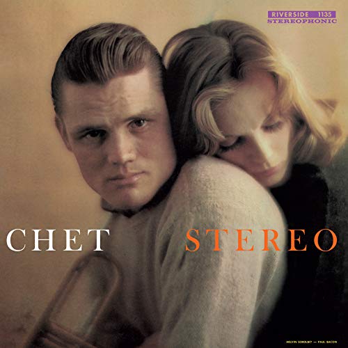 Chet Baker portrait on a vinyl record album cover, sepia toned.