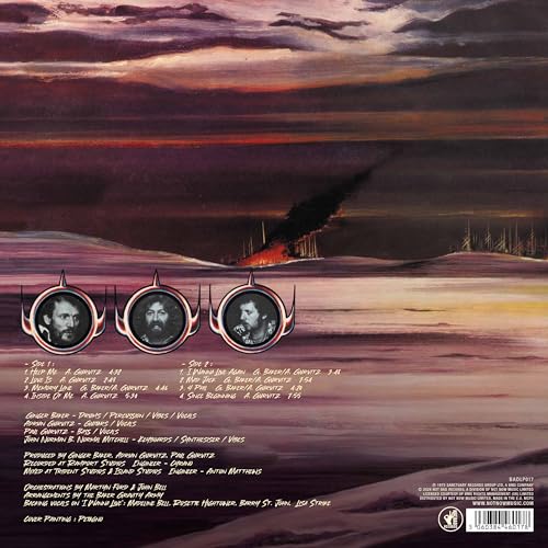 Album back cover with three portraits and a fiery landscape scene.
