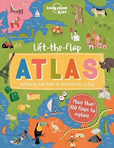 Illustrated world map book cover titled Lift-the-Flap Atlas with colorful drawings of global landmarks.