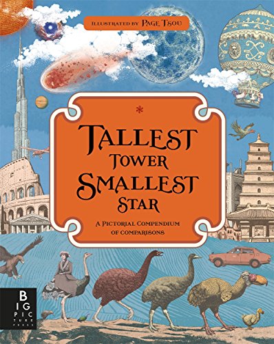 Book cover with diverse illustrations comparing sizes of objects and animals.