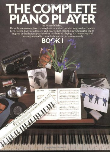 Piano instruction book cover with sheet music, flowers, and vintage objects.