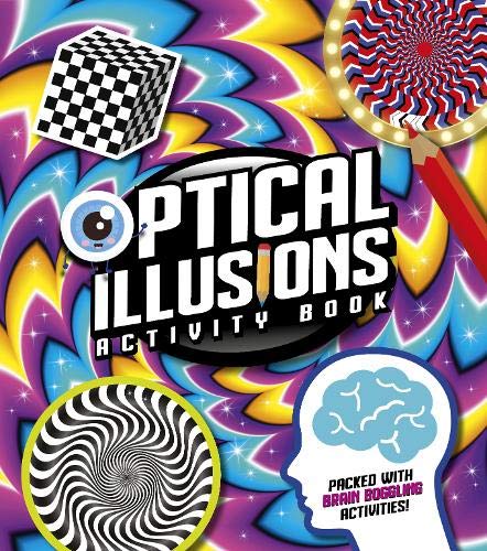 Cover of Optical Illusions Activity Book with colorful background, checkered cube, and spiral patterns.