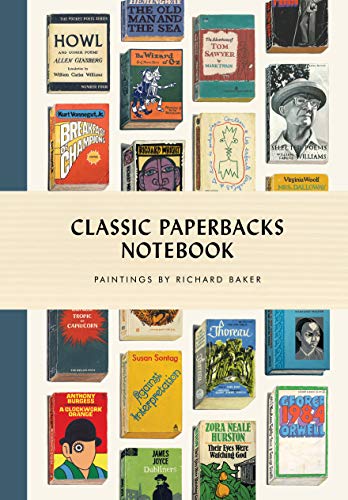 Notebook cover displaying paintings of stacked classic paperback book spines.