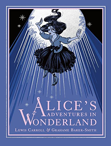 Alice falling down a blue, radiant shaft toward a large moon.