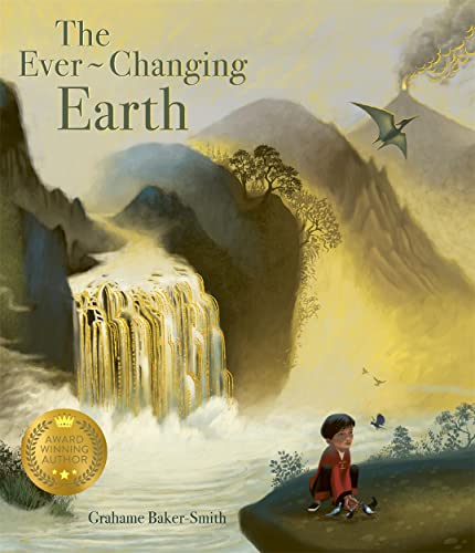 Book cover depicting prehistoric landscape with waterfall, volcano, and a child.