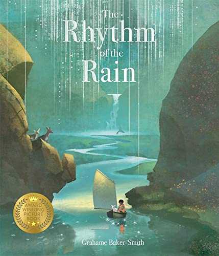Book cover: a small boat on a river under falling rain and cliffs.