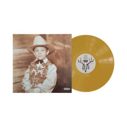 Vinyl record and album cover featuring a young boy in a cowboy hat.