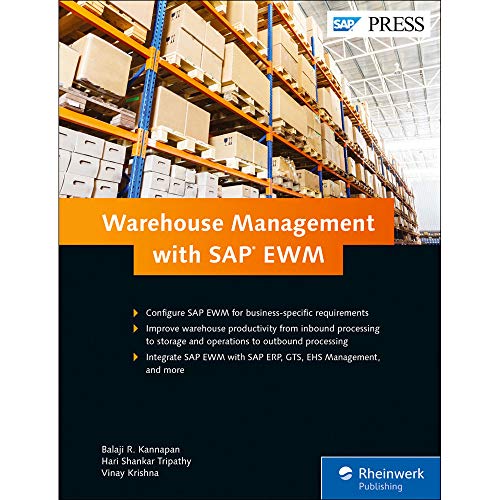 Book cover: "Warehouse Management With SAP EWM" with warehouse shelving image.