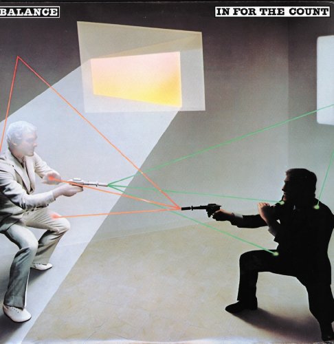 Two men in suits point pistols at each other with intersecting red and green lasers.